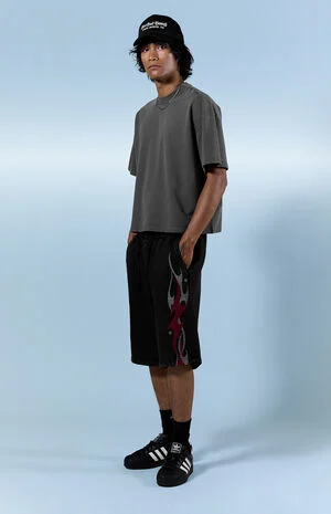 Washed Black Fleece Graphic Baggy Sweat Shorts image number 1