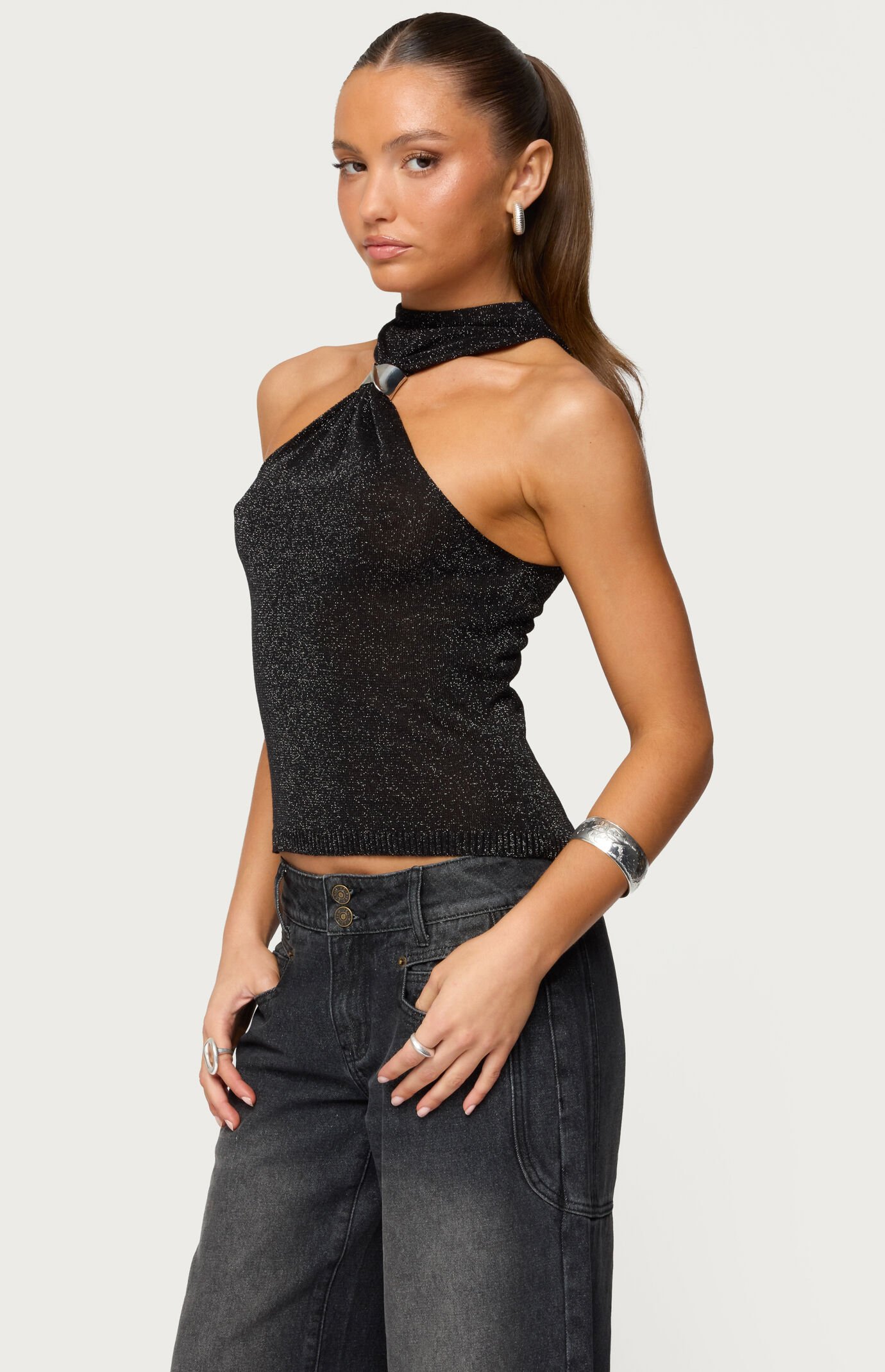 Edikted Nalia Gathered Ring Glitter Knit Top