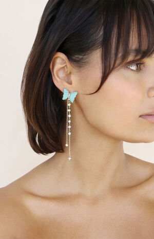 Turquoise Butterfly Pearl Chain Dangle Earrings image number 2