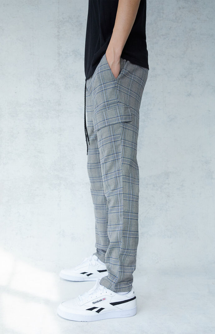 Gray Plaid Slim Cargo Pants