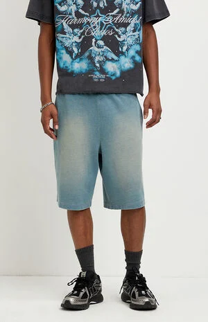 Washed&nbsp;Blue&nbsp;Fleece Baggy&nbsp;Sweat Shorts image number 2