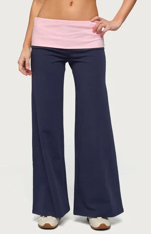 Petite Wide Leg Contrast Foldover Pants image number 1
