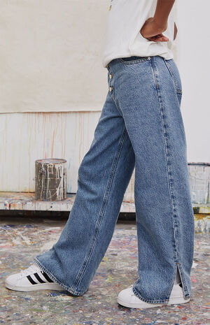 Eco Medium Blue Slit Hem Baggy Jeans image number 3
