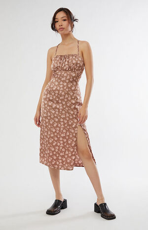 Satin Shirred Tie Back Midi Dress image number 1