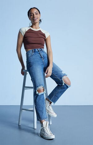 PacSun Eco Light Blue Ripped High Waisted Straight Leg Jeans