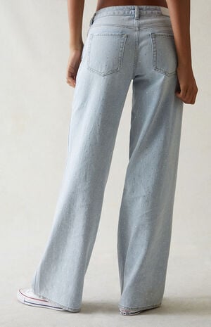 Pacsun Women's Light Indigo Rhinestone Low Rise Baggy Jeans in Medium Indigo - Size 24