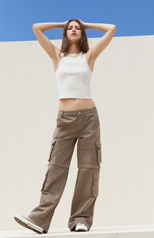 Tan Zip Off Low Rise Baggy Cargo Jeans image number 1
