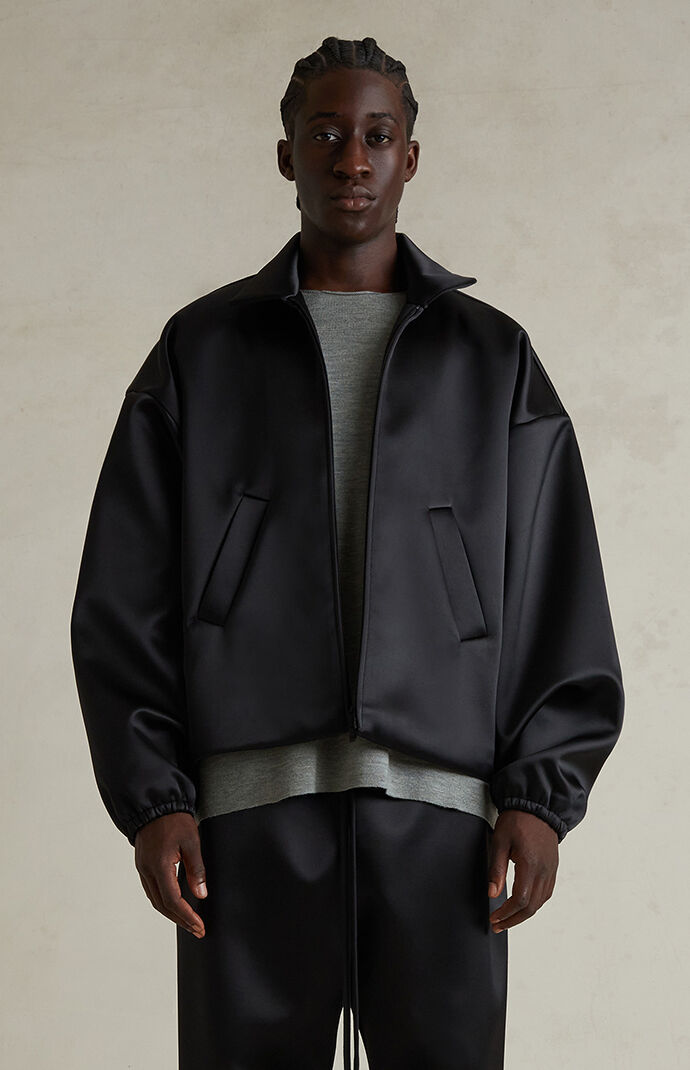 Fear of God ブラックパファージャケット Fear of God ESSENTIALS Jet Black Bonded Satin Zip Up Bomber Jacket