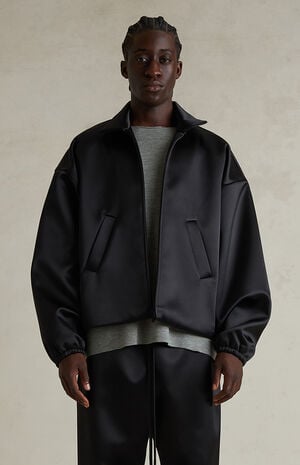 Jet Black Bonded Satin Zip Up Bomber Jacket image number 2