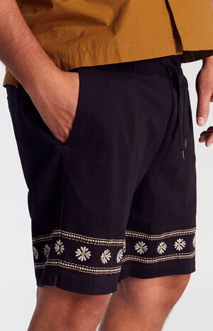 Black Floral Embroidered Volley Shorts image number 5