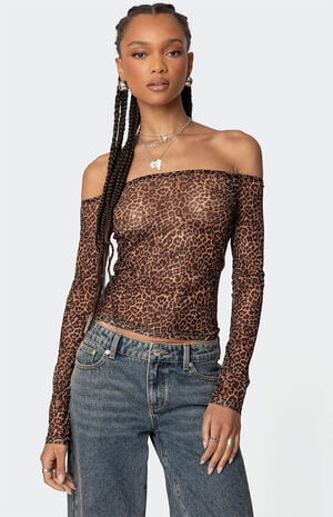 Leopard Sheer Mesh Off Shoulder Top image number 1