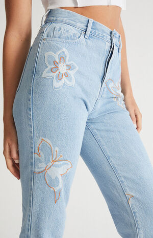 Eco Light Blue Butterfly High Waisted Straight Leg Jeans image number 2