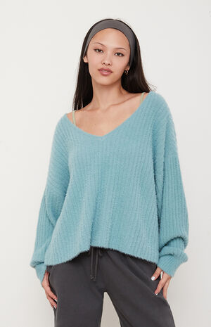Ginger Fuzzy Knit V-Neck Sweater image number 2