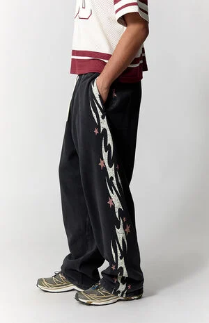 Black Flame Star Fleece Baggy Sweatpants image number 3