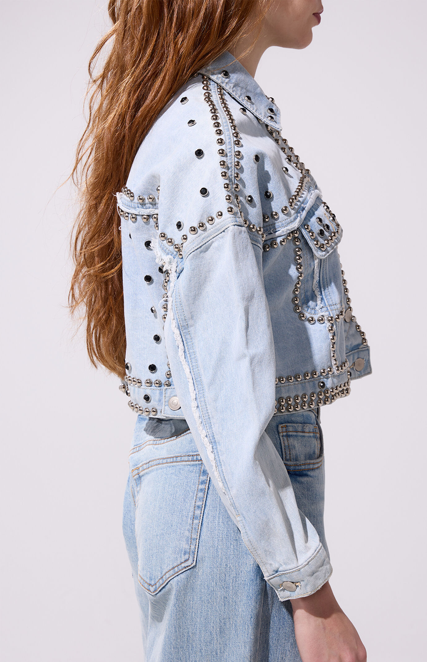 AZALEA WANG Jazella Light Blue Studded Cropped Denim Jacket