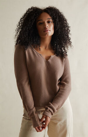 Waffle Knit Notched Neck Long Sleeve Top image number 4