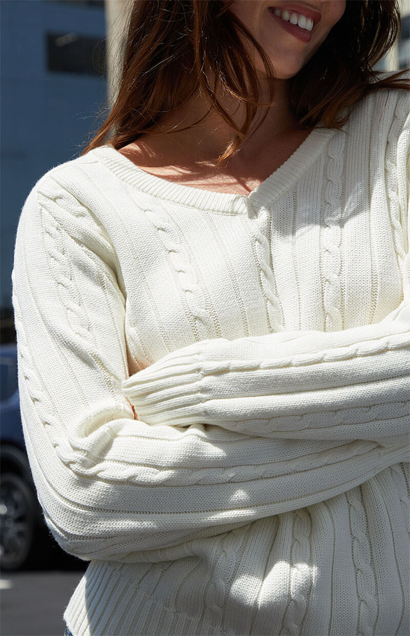 Cream White Cable Knit V-Neck Long Sleeve Cropped Pullover Sweater main image 0