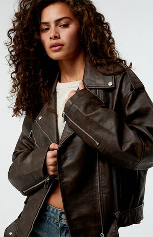 Brown Faux Leather Moto Jacket image number 2