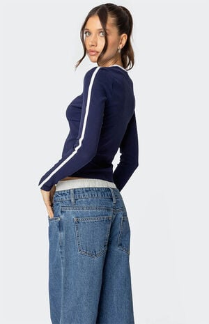 Contrast V Neck Long Sleeve T-Shirt image number 4