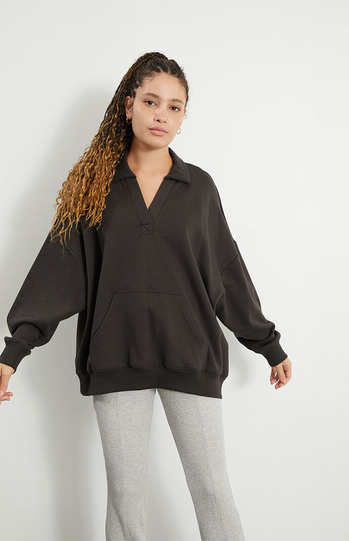 Pacsun Oversized Henley Polo Sweatshirt in Black - Size Xs