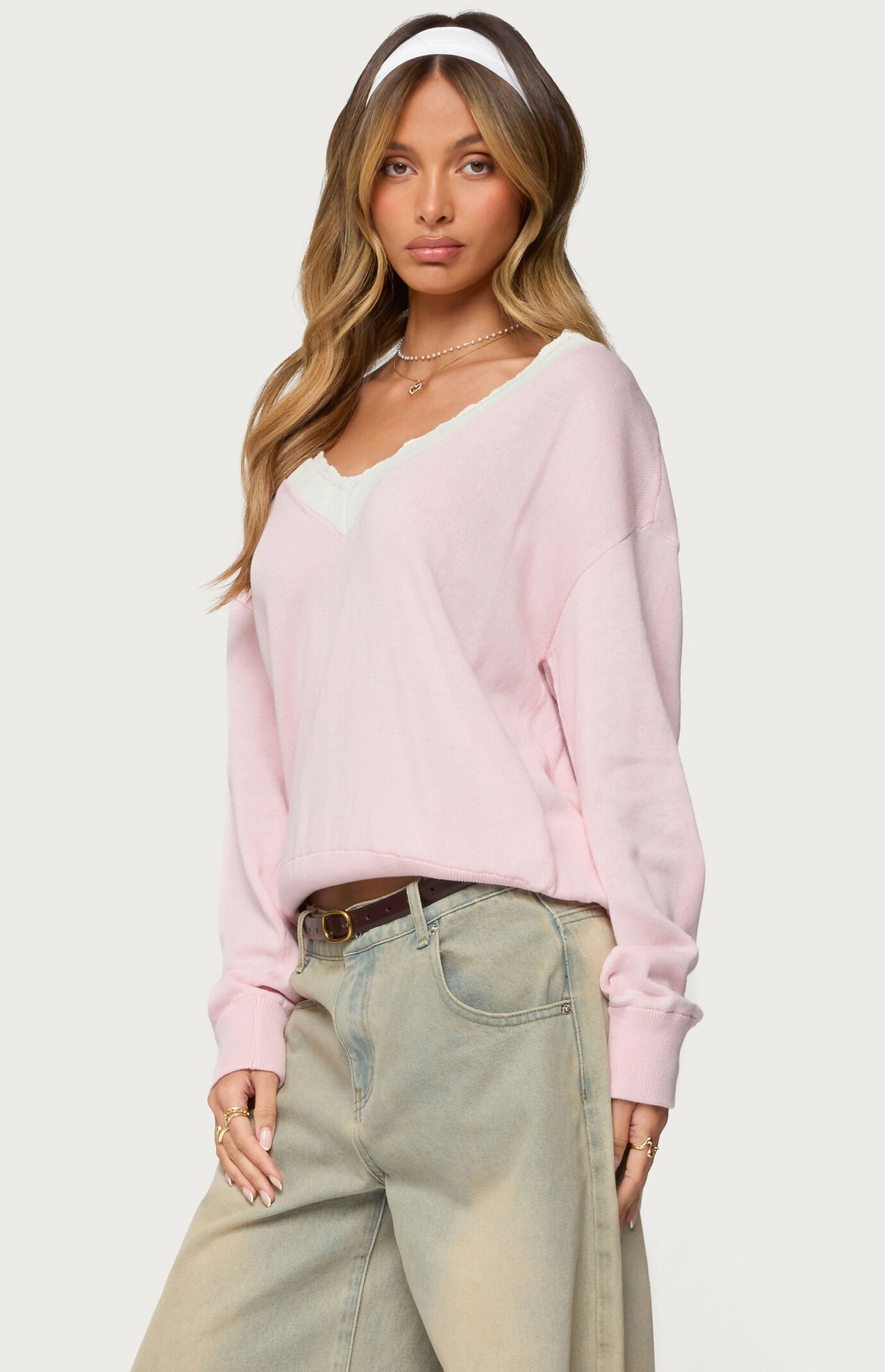 Edikted Marie Contrast Lacey V Neck Sweater