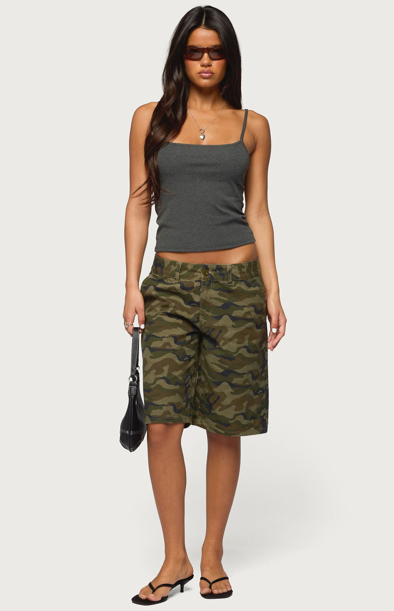 Edikted Camo Denim Low Rise Bermuda Shorts