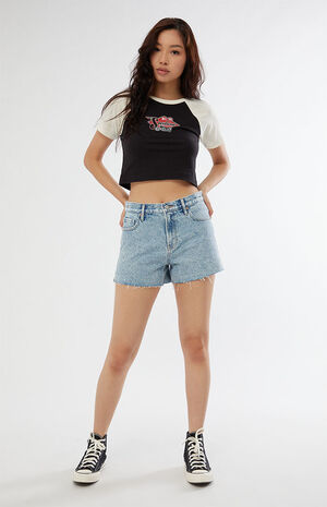 Eco Medium Blue High Waisted Vintage Cutoff Denim Shorts image number 4
