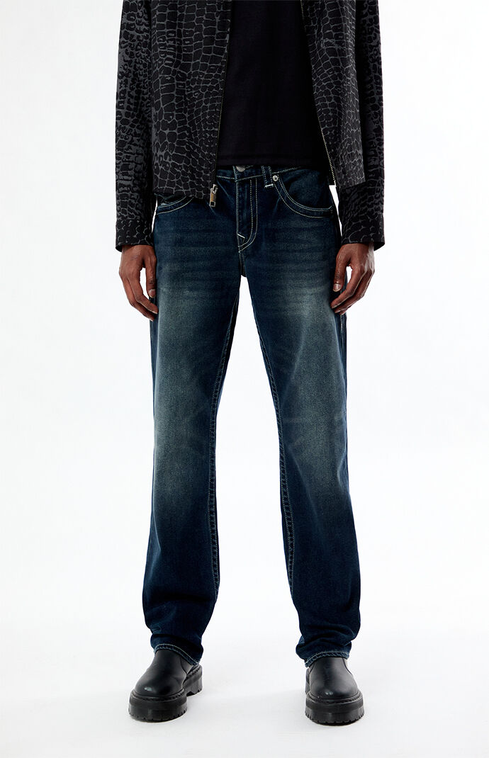 True Religion Ricky Warped Logo Dark Blue Straight Leg Jeans