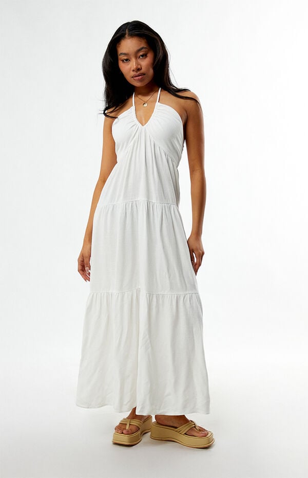 linen dress halter Linen Blend Halter Maxi Dress in White main image 1