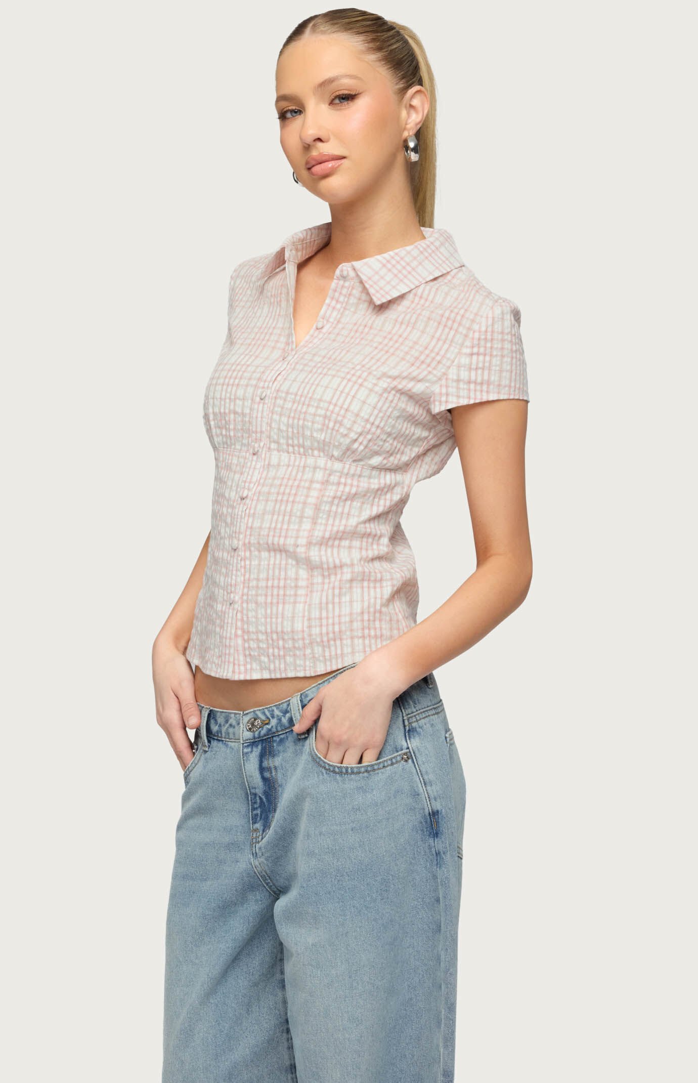 Edikted Naiah Plaid Tailored Button Up Shirt