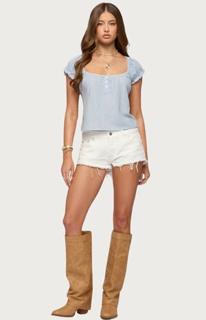 Frayed Vintage Washed Denim Shorts image number 4