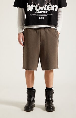 Washed Brown Fleece Raw Baggy Sweat Shorts image number 3