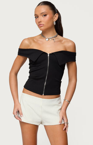 Collared Off Shoulder Zip Up Top image number 1