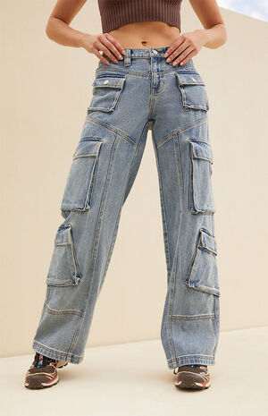 Light Blue Low Rise Puddle Cargo Jeans image number 2