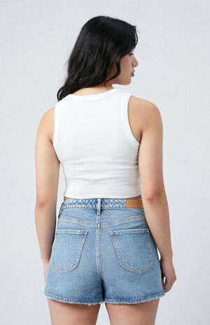Eco Stretch Medium Indigo Curve High Waisted Denim Festival Shorts image number 4