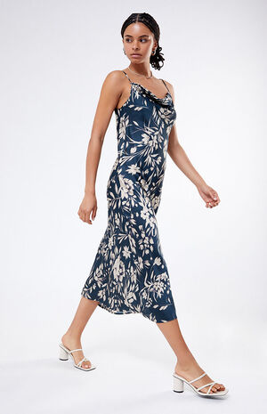 Floral Satin Cowl Neck Midi Dress image number 1