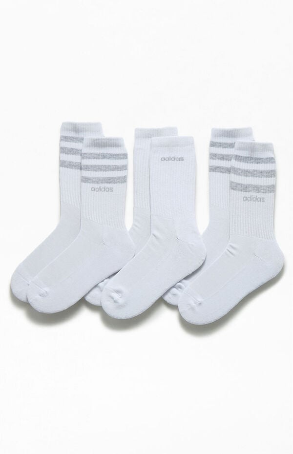 3 Pack White & Gray 3 Stripes Crew Socks