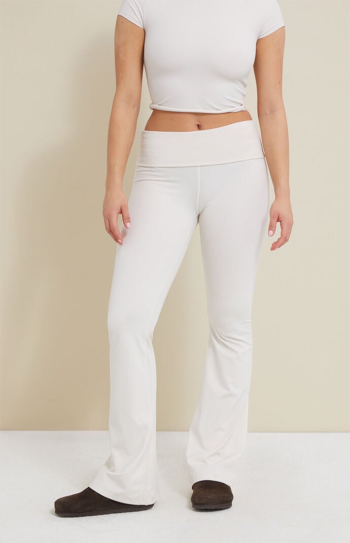 PAC 1980 PAC WHISPER Active Ivory Fold-Over Waistband Flare Yoga Pants PAC 1980 PAC WHISPER Active Ivory Fold-Over Waistband Flare Yoga Pants