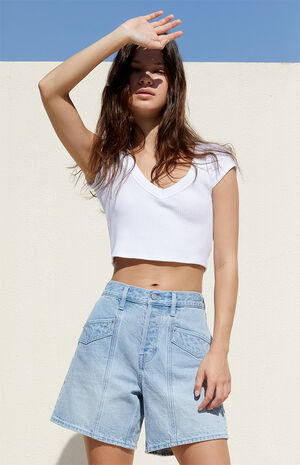 Light Indigo High Waisted Relaxed Denim Shorts image number 2