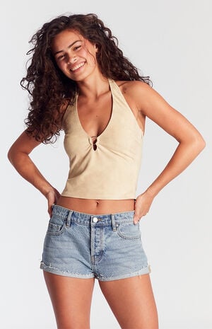 Light Indigo Raw Cut Denim Micro Shorts