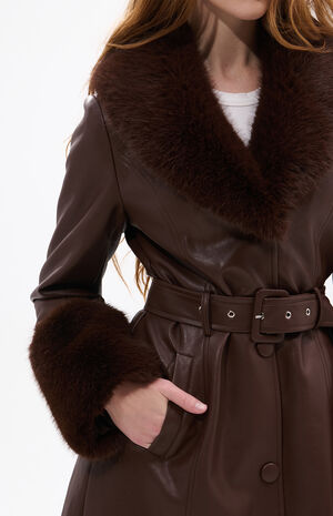 Kaya Brown Faux Leather & Fur Trench Coat image number 5