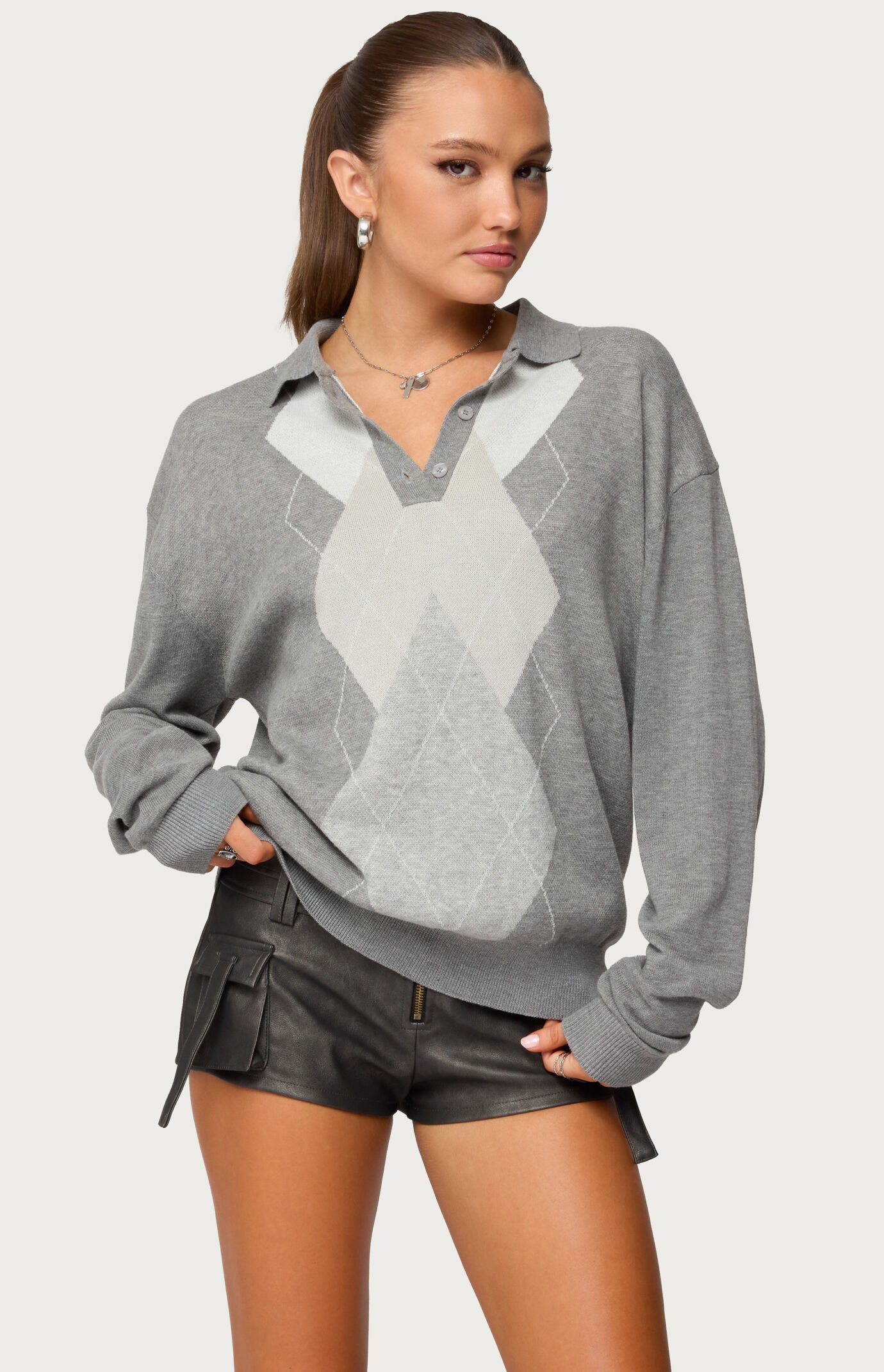 Edikted Kati Argyle Oversized Polo Sweater