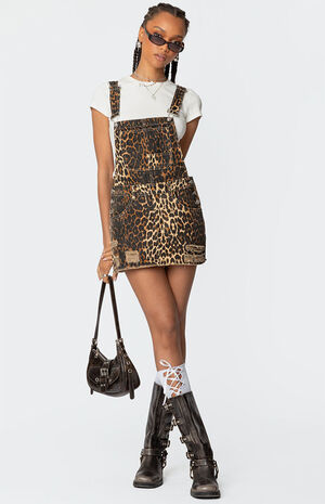 Leopard Denim Overall Mini Dress image number 1