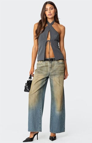 Split Front Pinstripe Halter Top image number 6