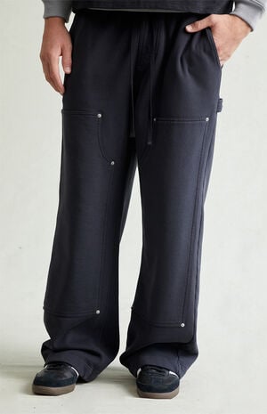 Black Paneled Carpenter Fleece Extreme Baggy Sweatpants image number 2