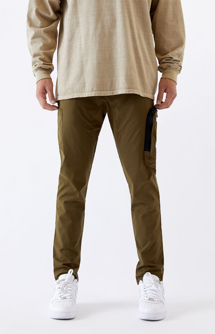 Utility Olive Side Zip Nylon Slim Cargo Pants