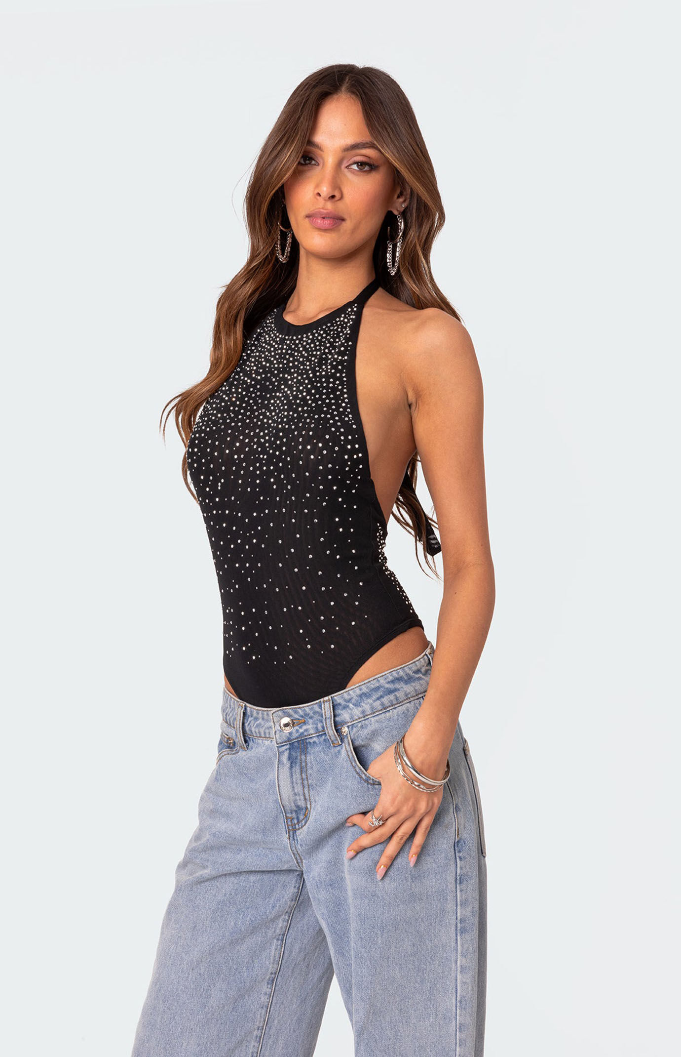 Edikted Open Back Mesh Rhinestone Bodysuit | PacSun
