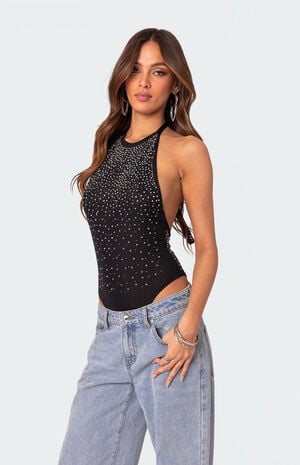 Open Back Mesh Rhinestone Bodysuit image number 3