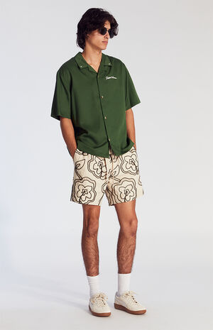 Tan Floral Embroidered Linen Volley Shorts image number 6