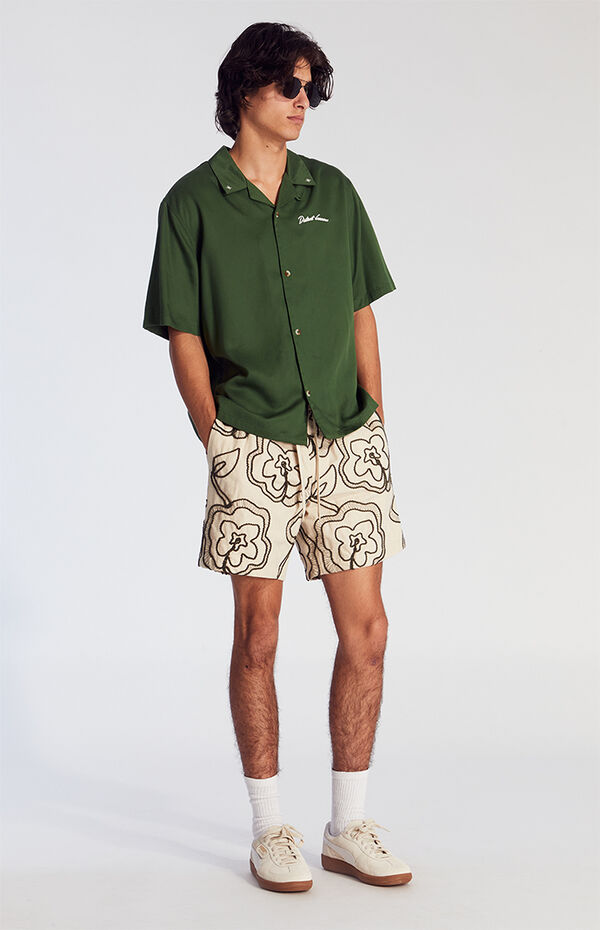Pacsun Tan Floral Embroidered Linen Volley Shorts